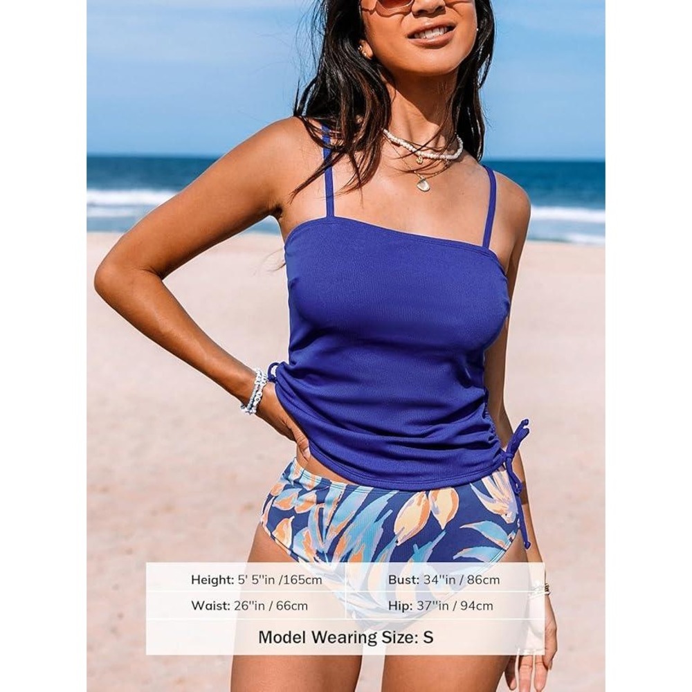 CUPSHE Tankini Set Swimsuit Ruched tie side High Waisted Blue floral Size Medium